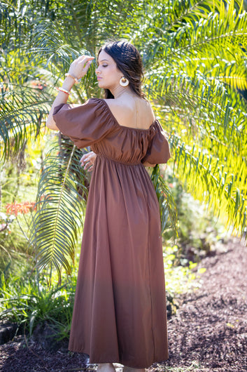 Ava - Robe Longue col bardot Chocolat