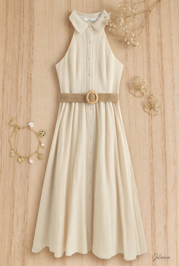 Bénédicte - Robe mi-longue beige encolure américaine ceinture tressée