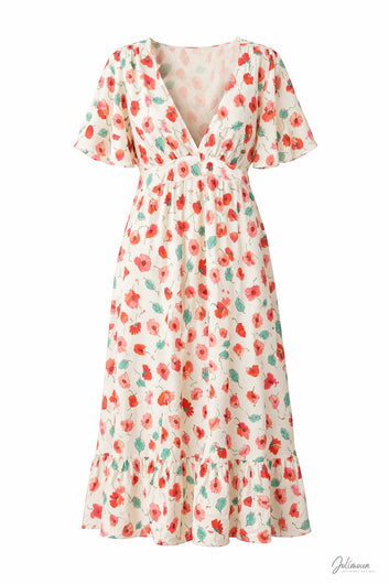 Bianca - Robe midi fleurie écrue et corail décolleté en V
