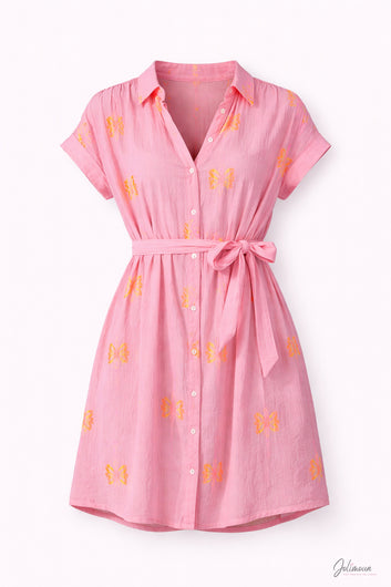 Hazel - Robe courte rose jacquard papillons ceinture à nouer