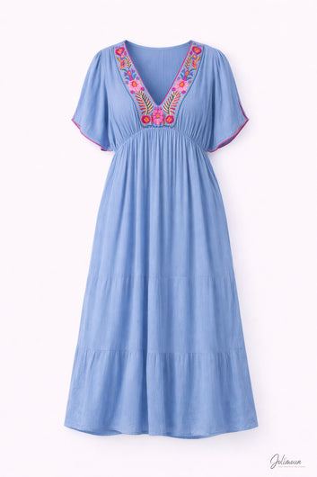 Horora - Robe longue bleue brodée manches papillon