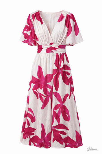 Camila - Robe longue brodée rose fuchsia décolleté croisé en V