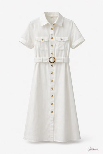 Cassandre - Robe midi chemise blanche ceinturée