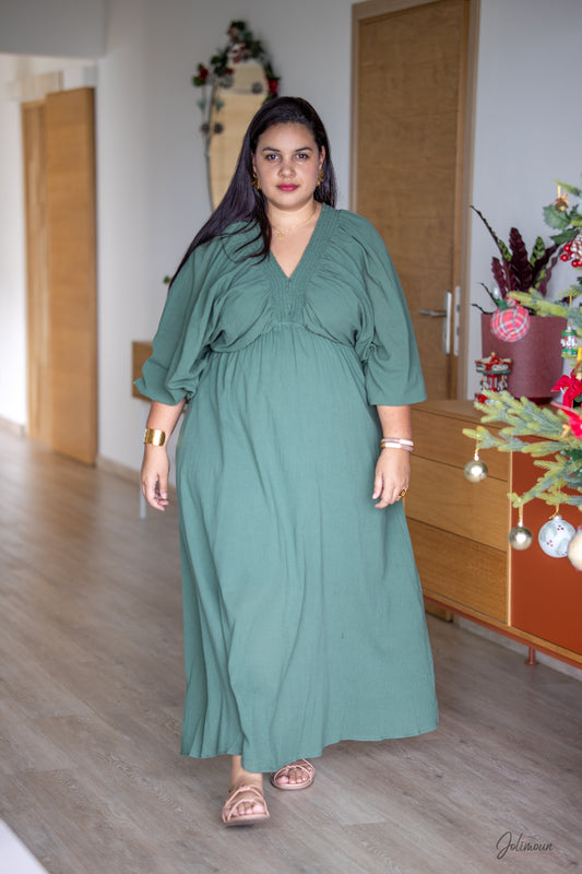 Christina - Robe longue Empire Verte manches ballons