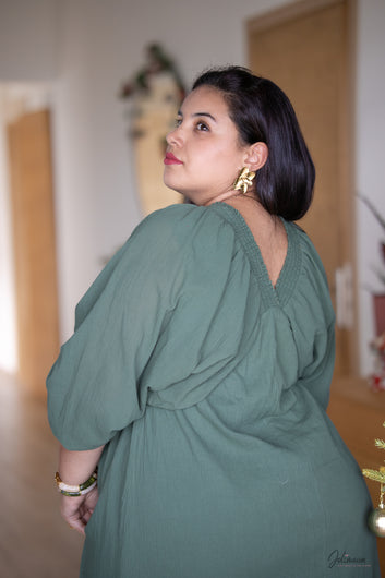 Christina - Robe longue Empire Verte manches ballons