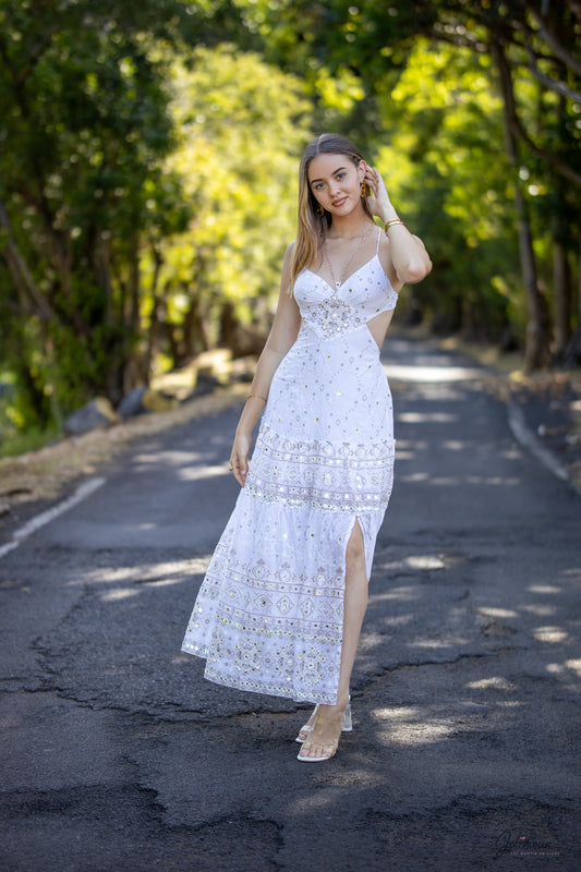Diana - Robe longue décolleté Détails brodés beige