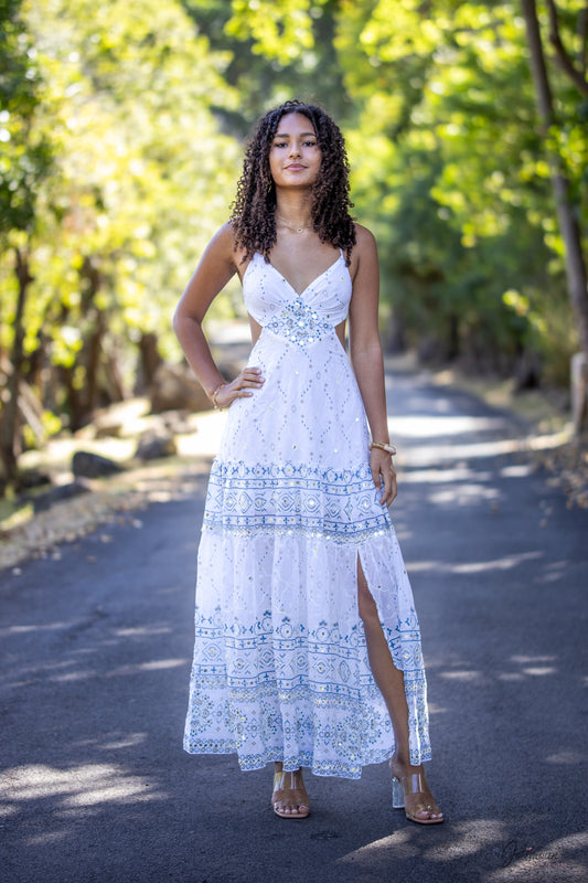 Diana - Robe longue décolleté Détails brodés bleu