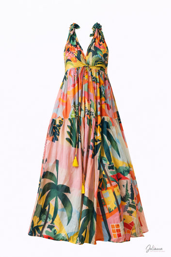Fantasia - Robe longue multicolore décolleté V sans manches coupe ample