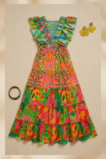 Hilary - Robe longue verte imprimée décolleté V froncé manches volantées