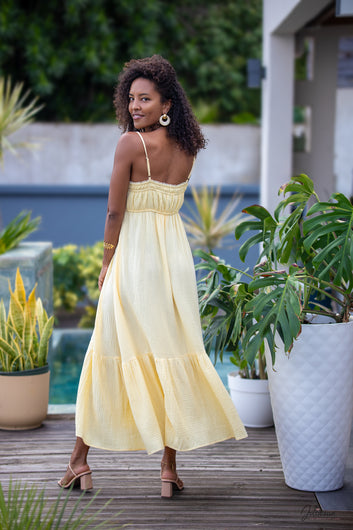 Jonquille - Robe longue jaune fines bretelles smockée en gaze de coton