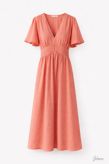 Kendra - Robe midi unie saumon manches papillon taille plissée