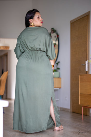 Kaïna - Robe longue kaki manches papillon