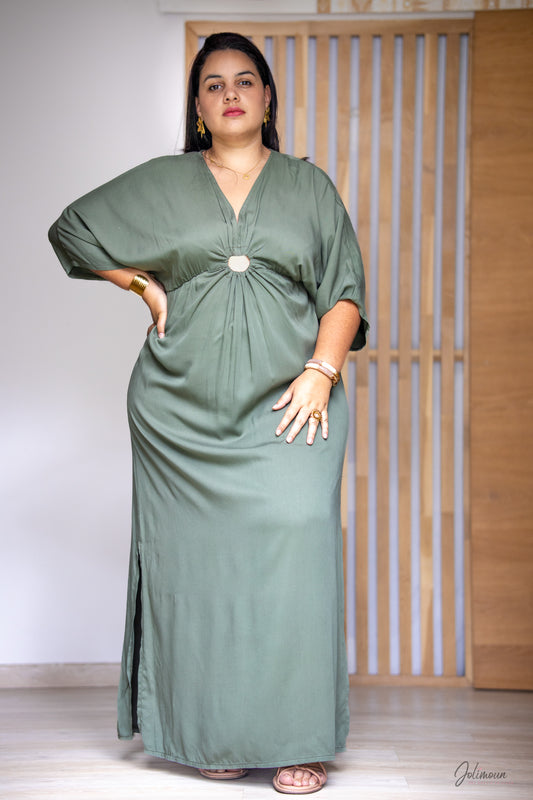 Kaïna - Robe longue kaki manches papillon
