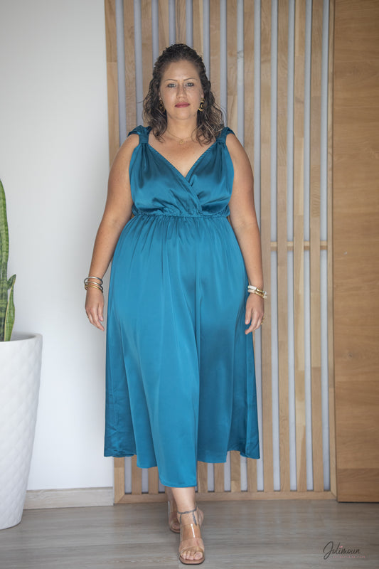 Laura - Robe longue bleu à Bretelles effet satiné