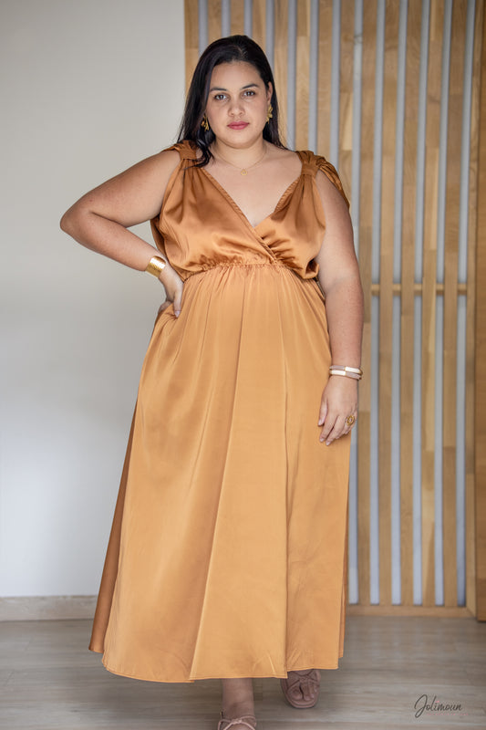 Laura - Robe longue moutarde à Bretelles effet satiné