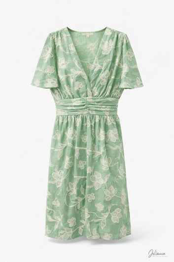 Lise - Robe midi vert amande imprimé fleuri ceinture drapée