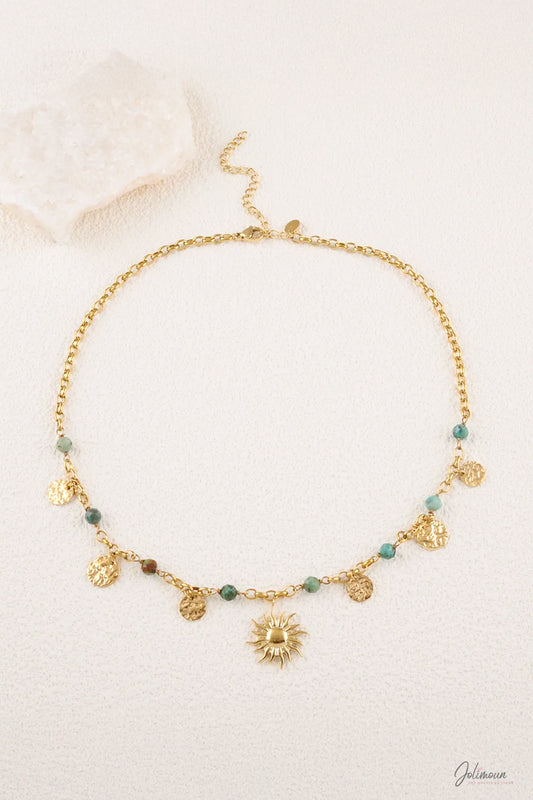 Solstice - Collier soleil & pierres vertes