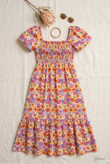 Manon - Robe longue fleurie bohème smockée manches courtes bouffantes
