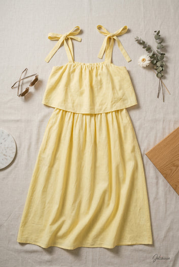 Margot - Robe longue jaune bretelles nouées volant poitrine