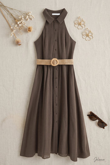 Mirabelle - Robe mi-longue marron encolure américaine ceinture tressée