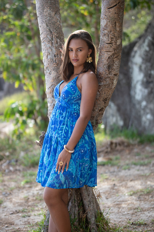 Moana - Robe courte fluide imprimé bleu croisée dans le dos