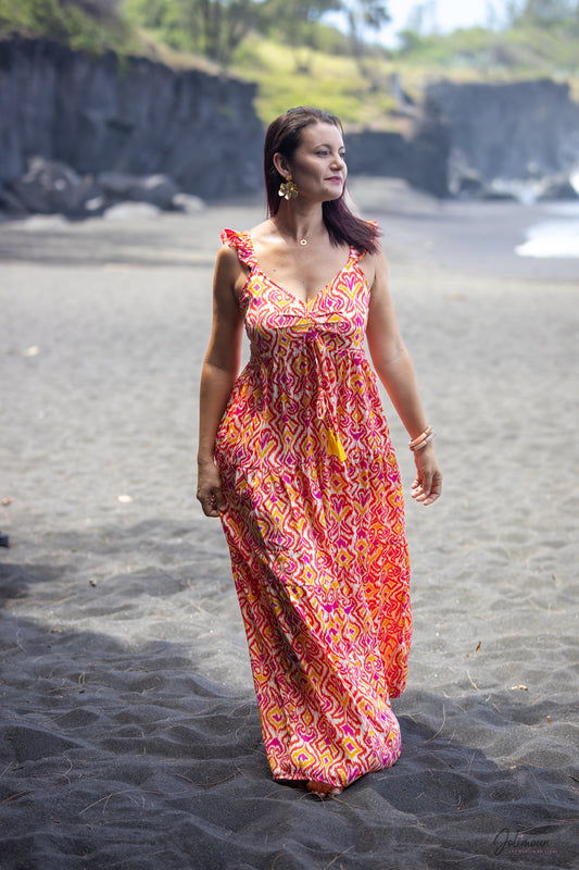 Morine - Robe longue à imprimé floral bretelles à volants