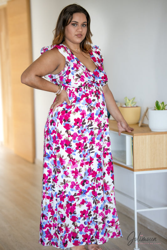 Sandy - Robe longue fendue à imprimé floral sur fond écru