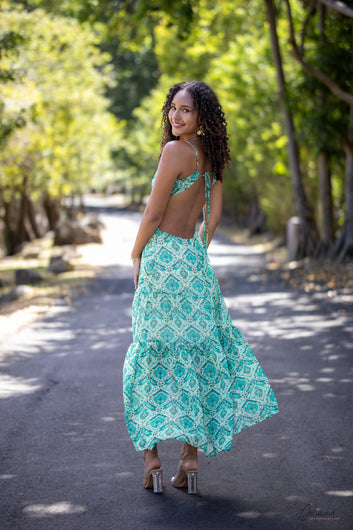 Nathalia - Robe longue décolleté Imprimé vert ajourée