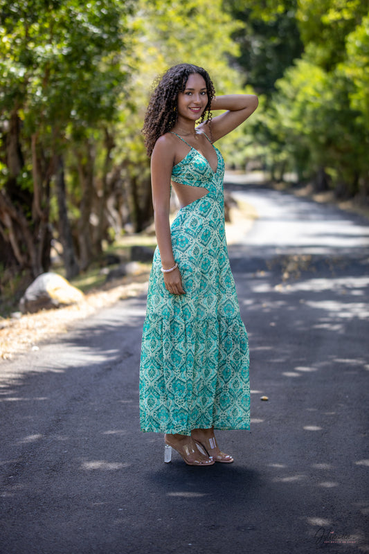 Nathalia - Robe longue décolleté Imprimé vert ajourée
