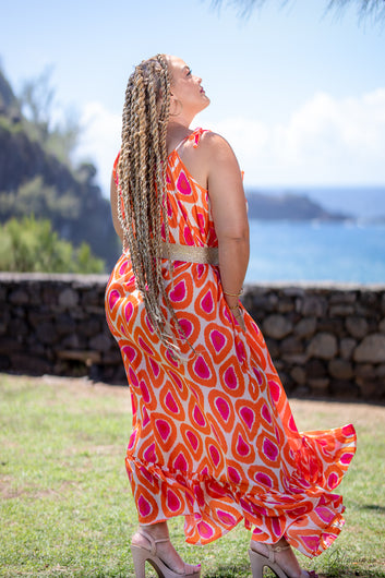 Salima - Robe Longue à Imprimé Coloré avec Décolleté à Volants Orange et Rose