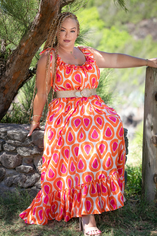 Salima - Robe Longue à Imprimé Coloré avec Décolleté à Volants Orange et Rose