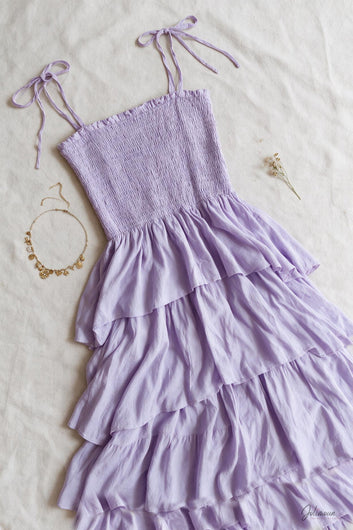 Sarah - Robe longue lilas smockée à volants en coton