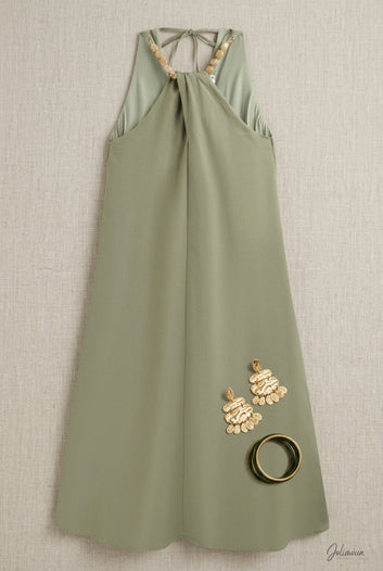 Sorelle - Robe longue verte perles effet ambre dos noué