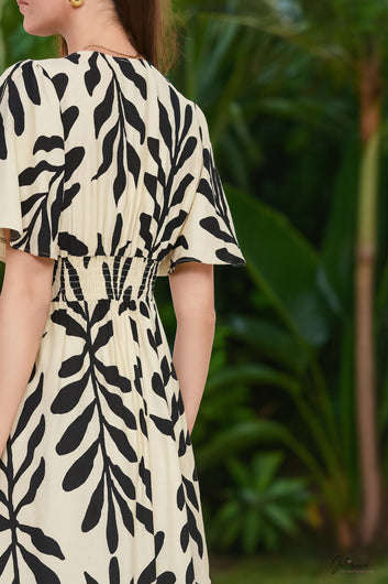 Tiffany - Robe longue motif feuilles noir manches papillon