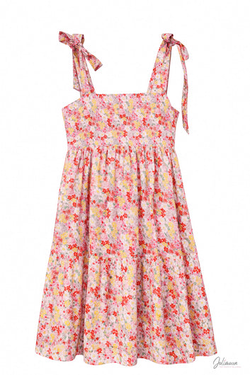 Violette - Robe courte rose imprimé fleuri bretelles à nouer