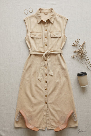 Aléssia - robe chemise beige en coton style safari chic