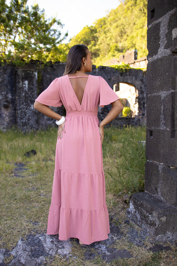 Aliza - Robe longue vieux rose manches papillon smockée au dos