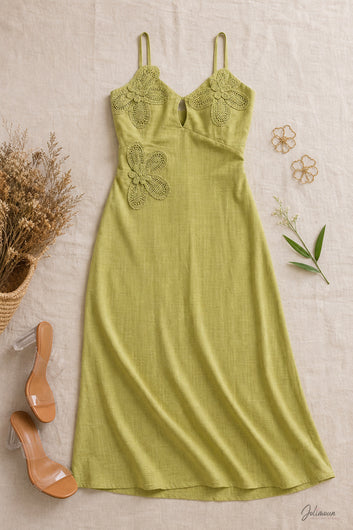 Amélia – Robe longue en viscose & lin vert anis