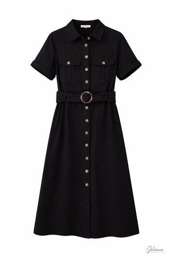 Cassandre - Robe midi chemise noire ceinturée
