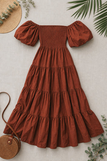 Céra - Robe longue bustier smockée manches bouffantes terracotta