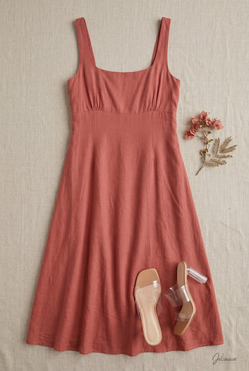 Coline - Robe midi vieux rose décolleté carré