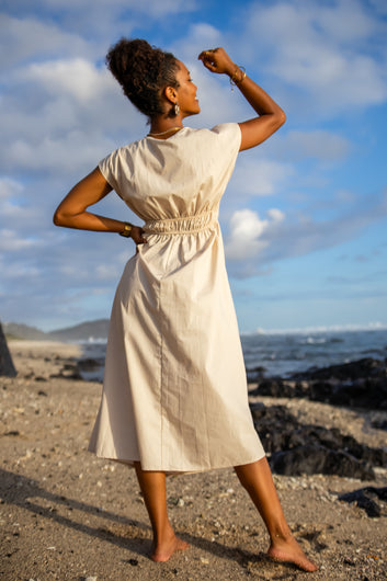 Élisa – Robe midi beige coton détails soleil taille élastique