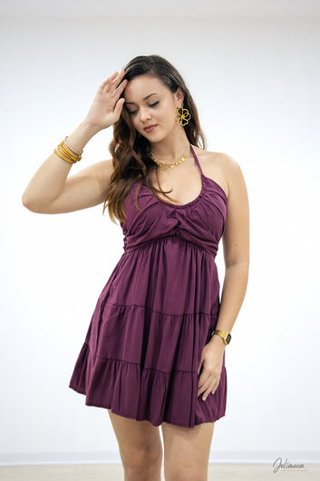 Ella - Robe courte dos nu smocké Prune