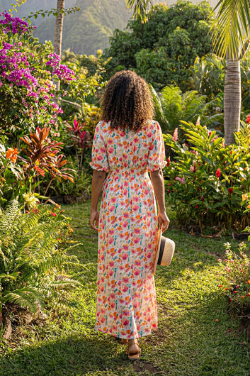 Floriane - Robe longue portefeuille imprimé fleuri manches bouffantes