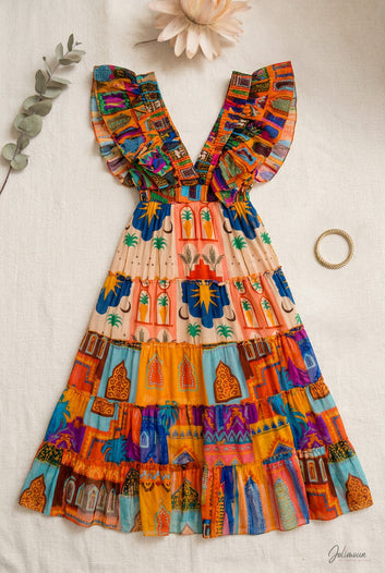 Hilary - Robe longue marrakech imprimée décolleté en V froncé manches volantées