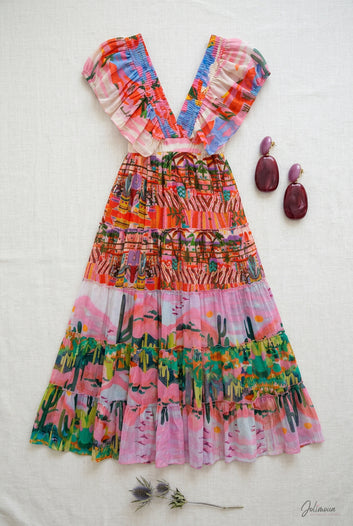 Hilary - Robe longue bohème coloré décolleté en V froncé manches volantées