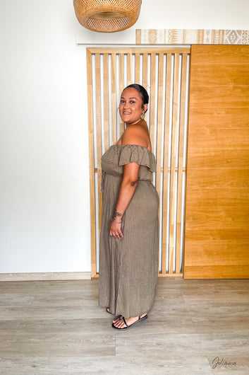 Juliette – Robe longue kaki col bardot taille élastique