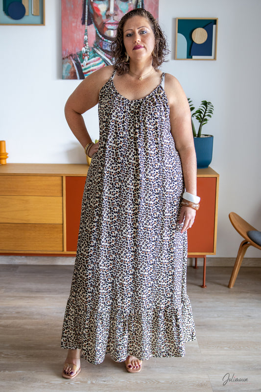 Léona – Robe longue léopard bretelles fines coupe ample