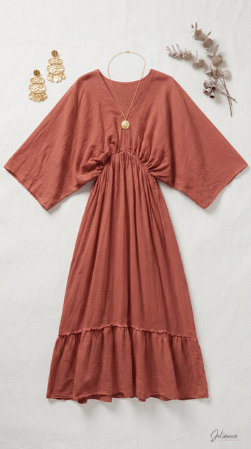 Louane - Robe tunique longue terracotta rosé en coton taille élastique