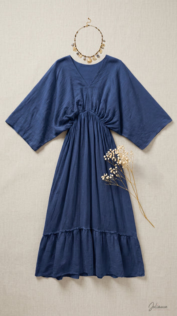 Louane - Robe tunique longue bleu marine en coton taille élastique
